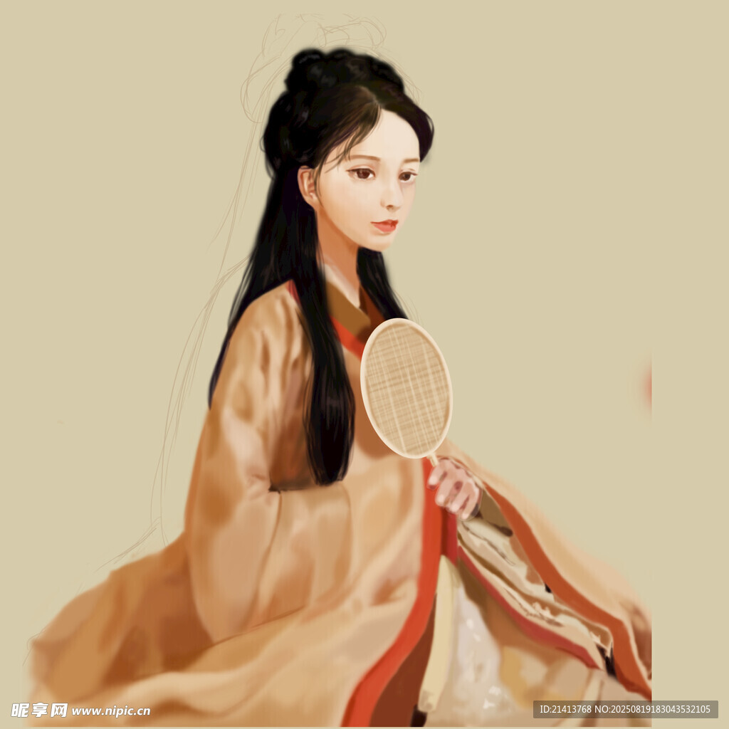 古风女子持扇优雅端坐