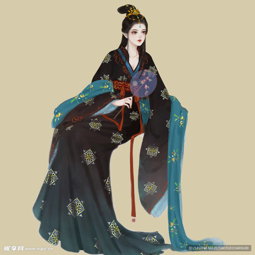 古风汉服女子优雅持扇图