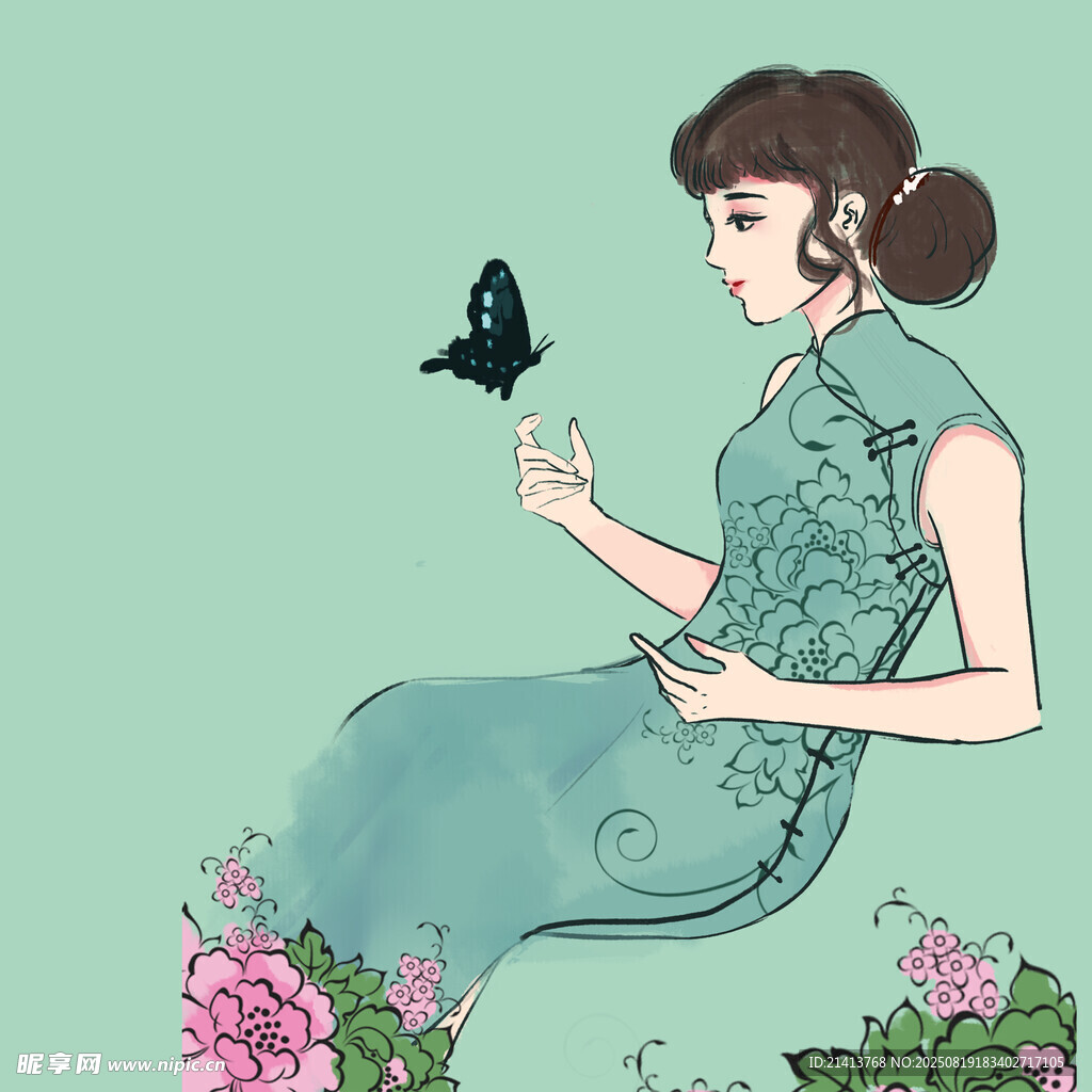 旗袍女子与蝶的唯美画面