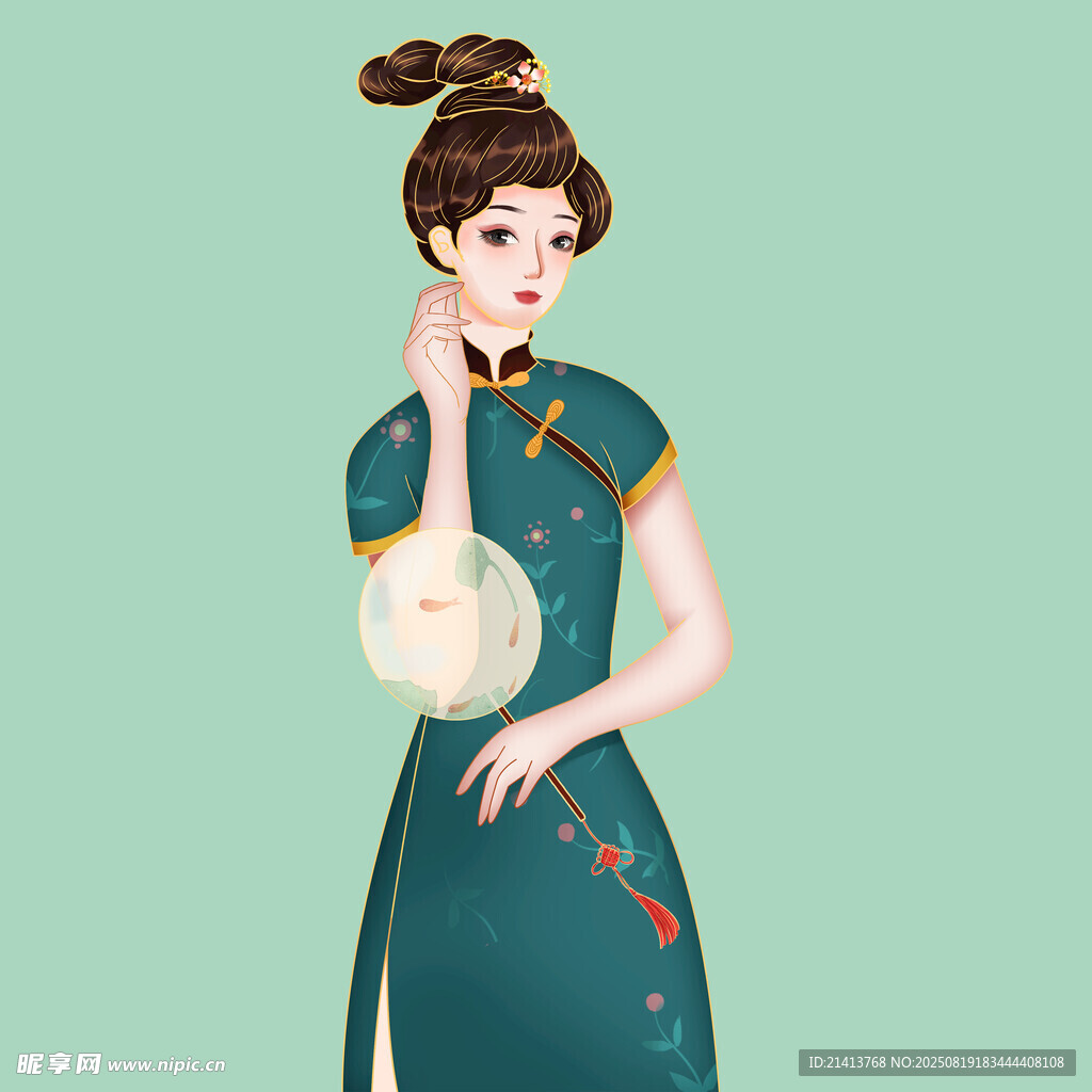 古典旗袍女子手持圆扇
