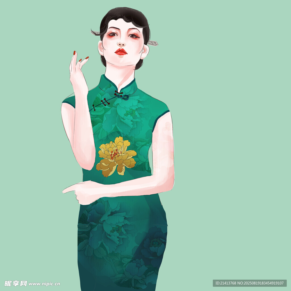 复古旗袍女子优雅姿态