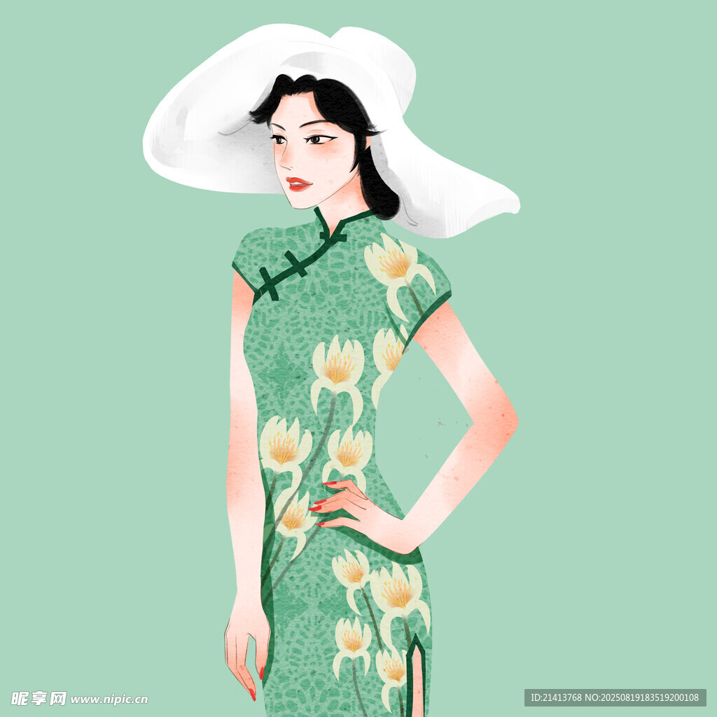 复古旗袍女子优雅姿态
