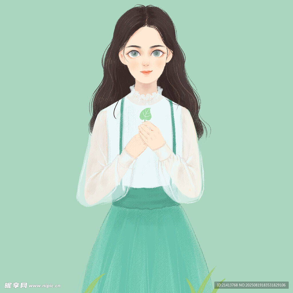 清新少女身着白绿搭配服饰