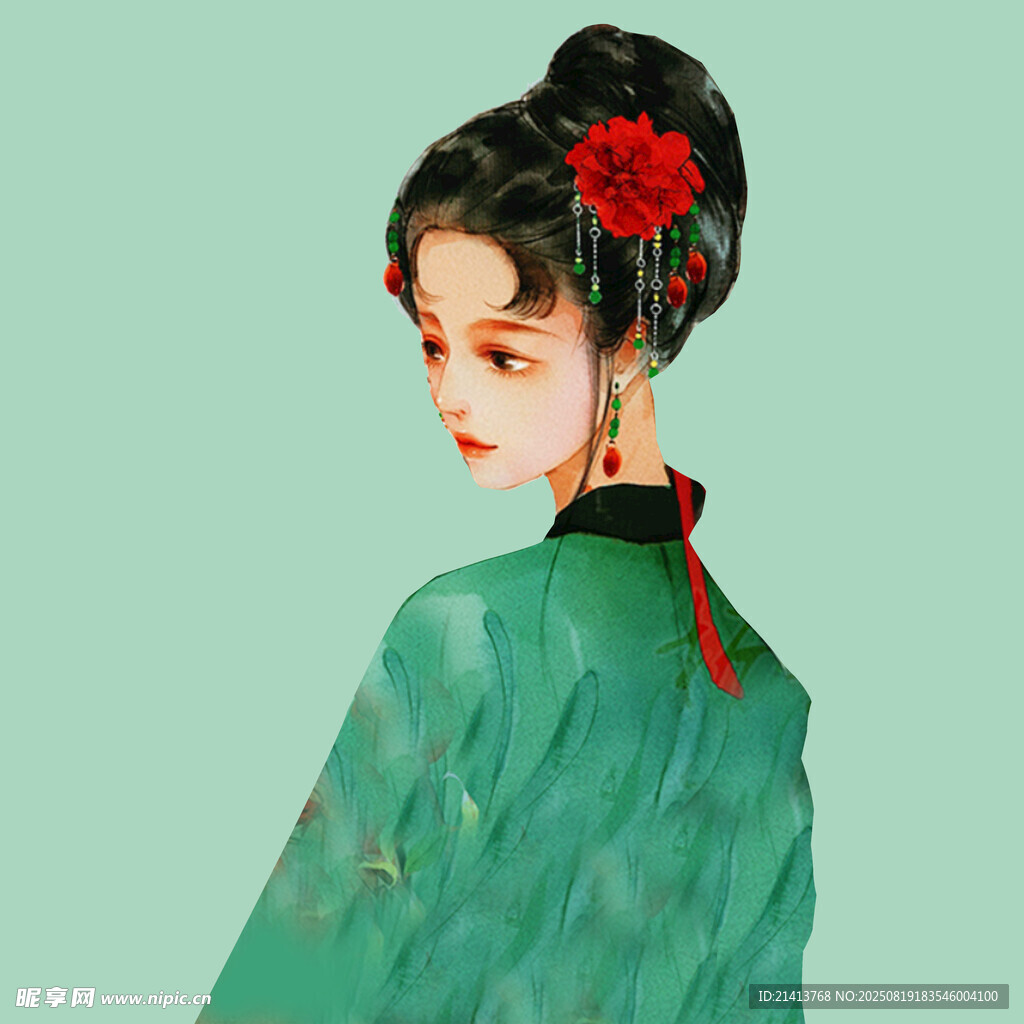 古风绿衣女子发髻簪花