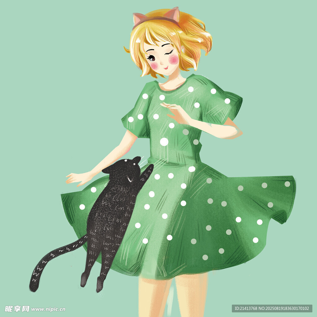 穿绿裙女子与黑猫共舞