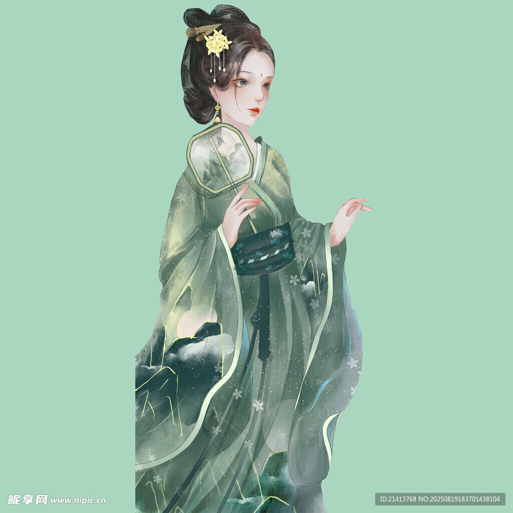 古风绿衣女子优雅立姿