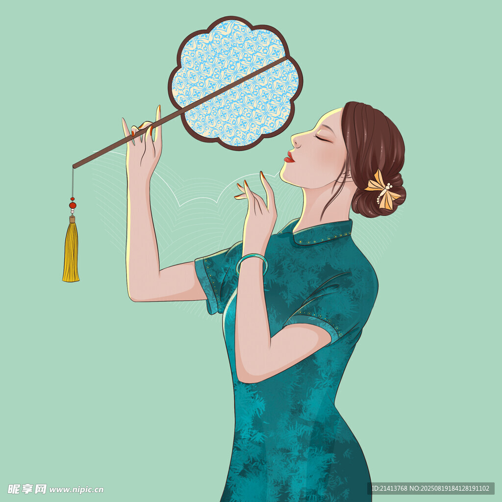 旗袍女子持扇轻嗅