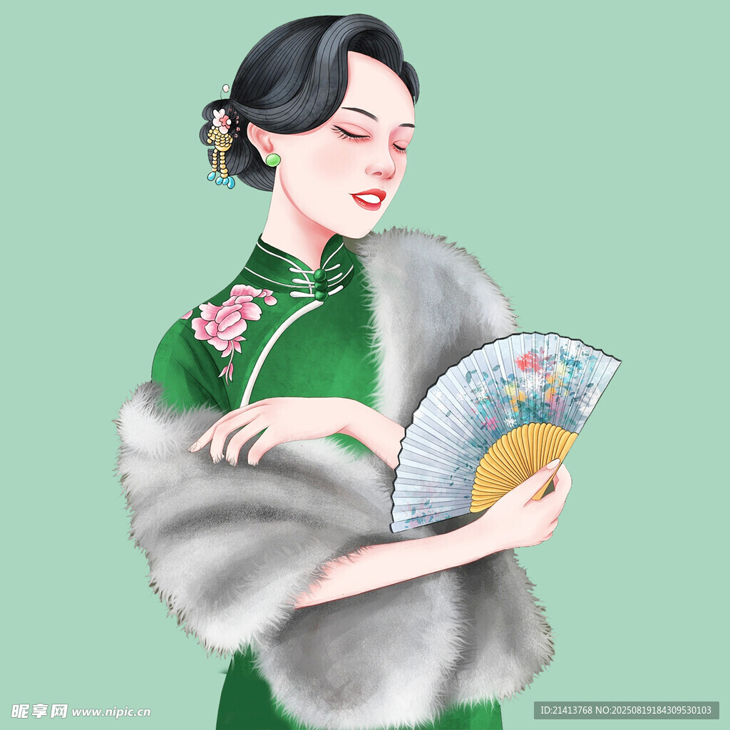 优雅旗袍女子手持折扇
