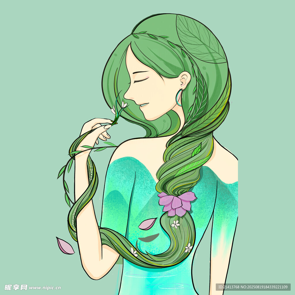 绿发少女轻嗅花朵