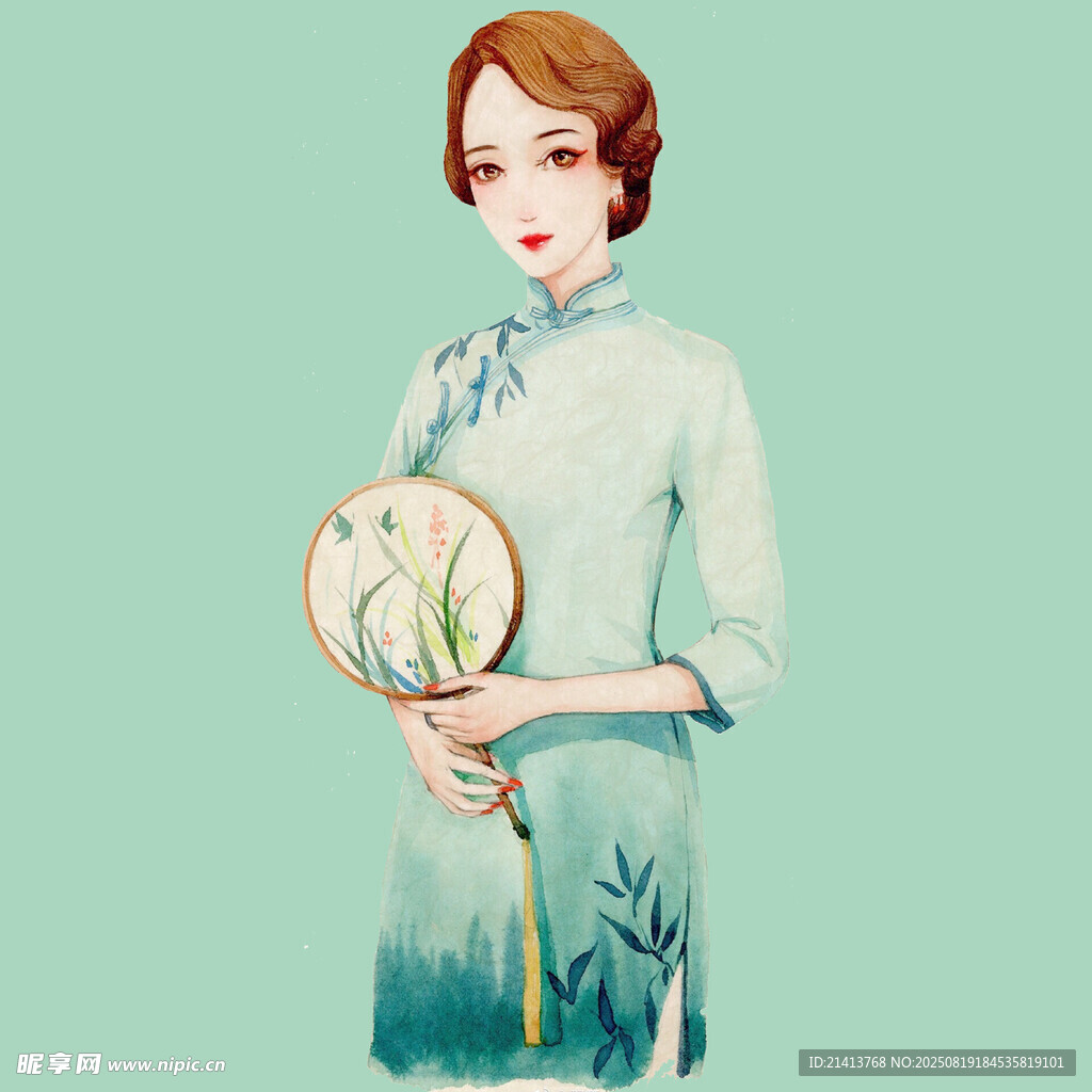古典旗袍女子手持团扇