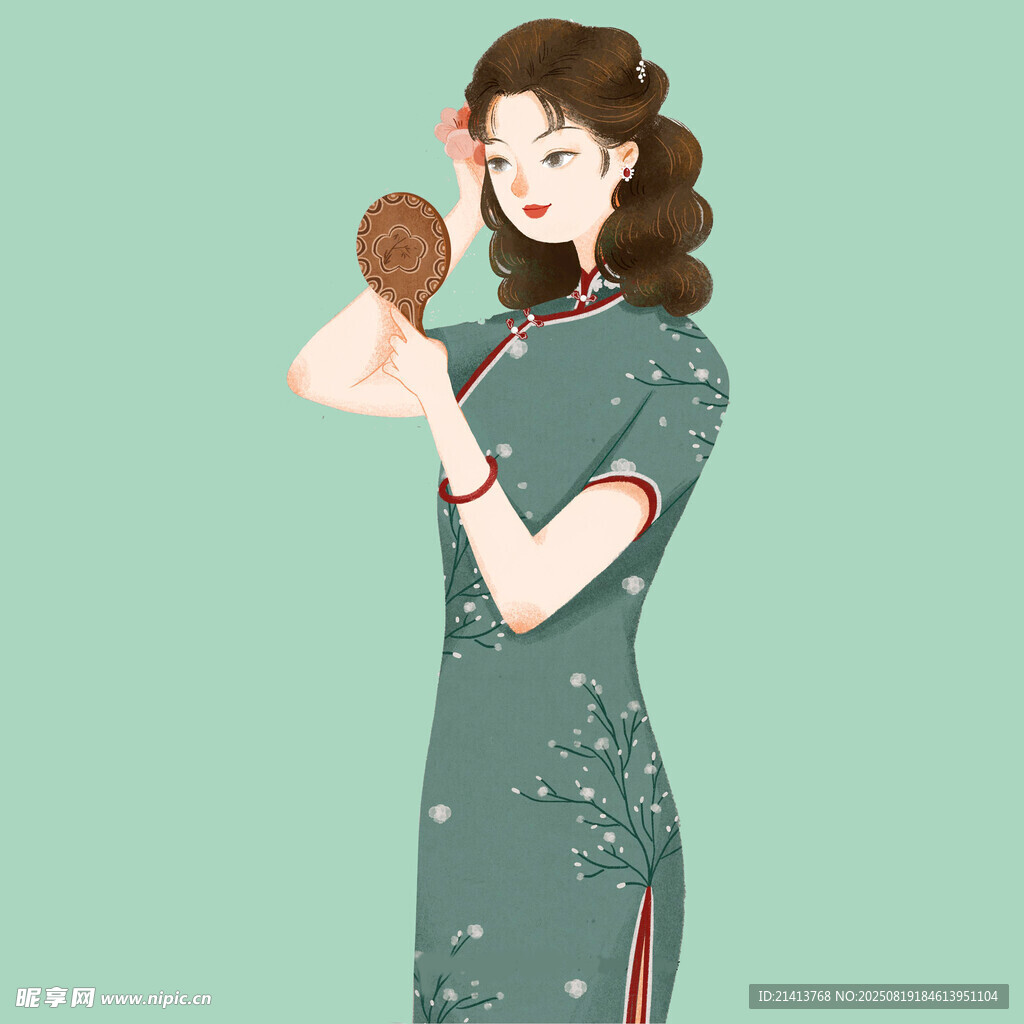 复古旗袍女子手持圆镜