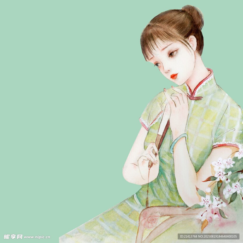 古典旗袍女子优雅持物