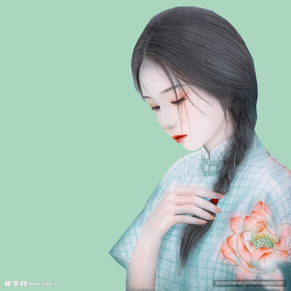 古典旗袍女子手持花卉