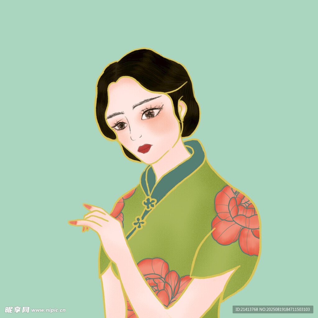 复古旗袍女子优雅姿态