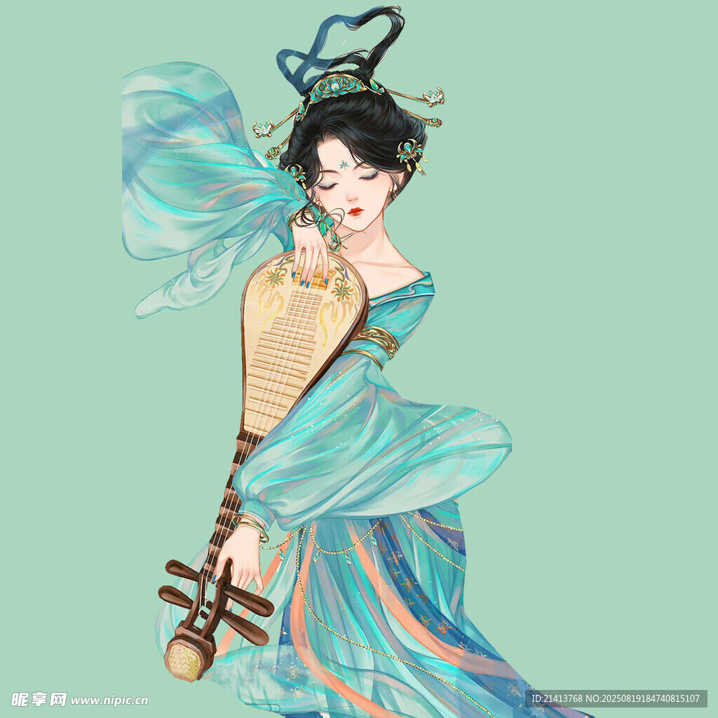 古风女子持琵琶优雅起舞