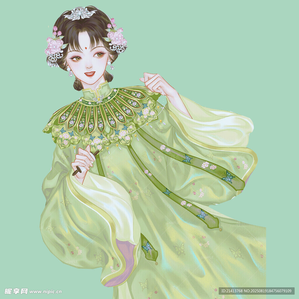 古风绿衣女子优雅姿态