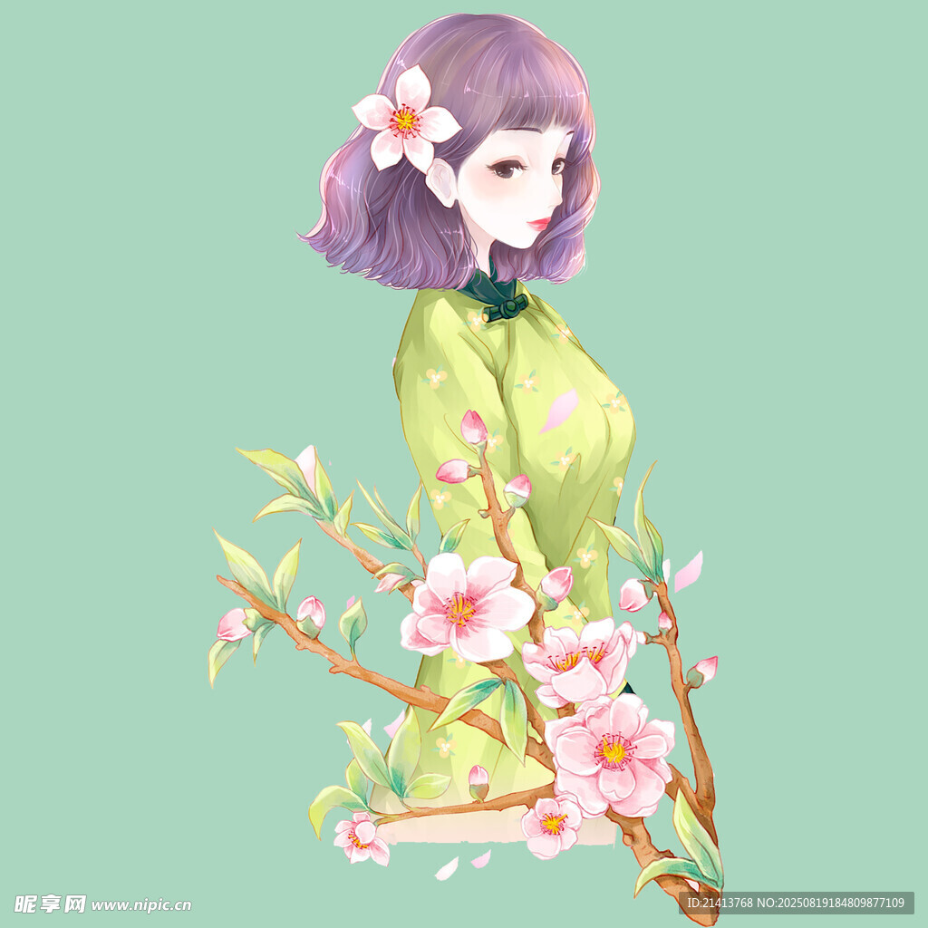 紫发少女与烂漫花枝