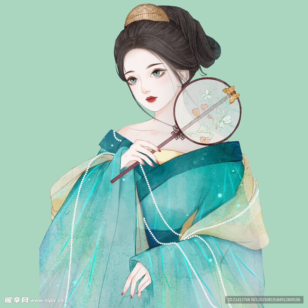 古风美人持扇优雅姿态