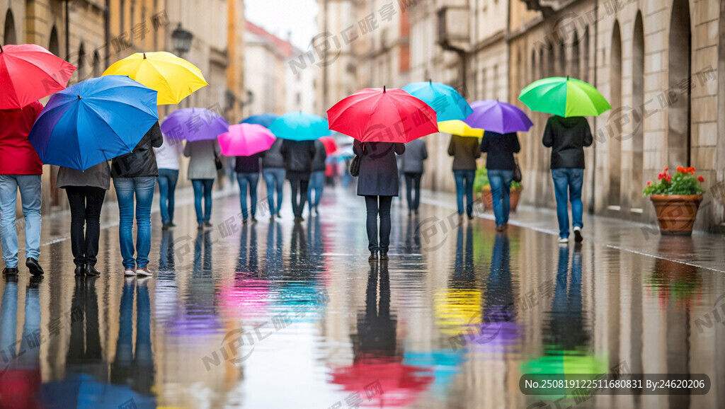 街道上人们撑着各种颜色的雨伞