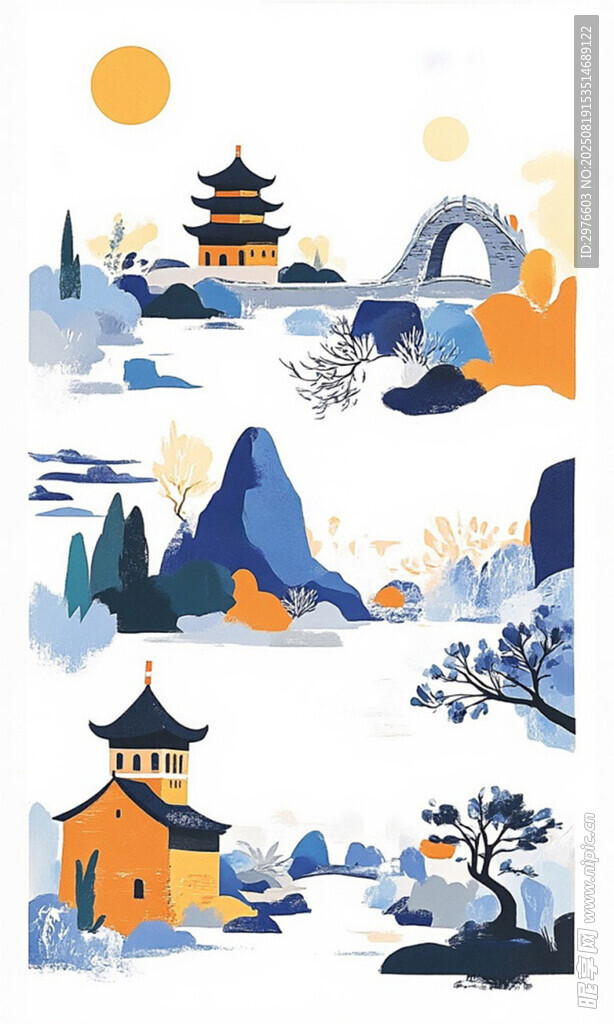 水墨风中式山水古建筑图