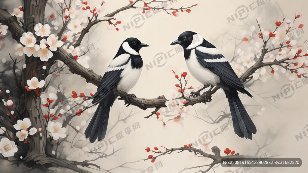 喜鹊 群飞 飞舞 梅花枝干衬托