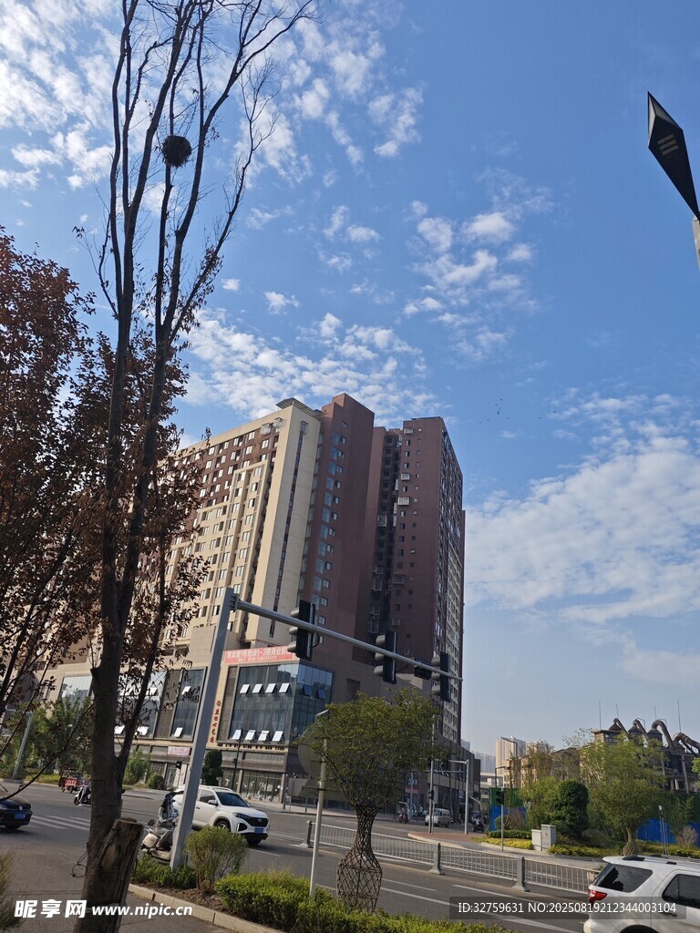 城市道路旁的高楼建筑