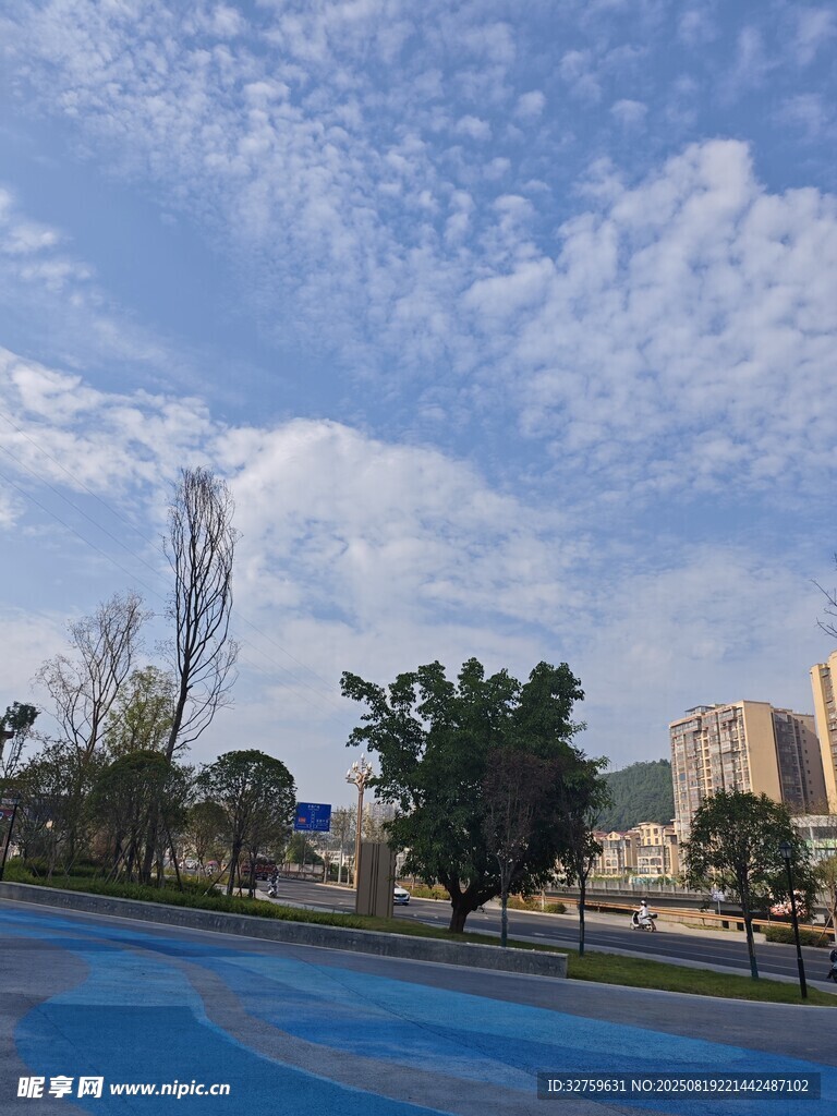 城市蓝道旁的蓝天白云景