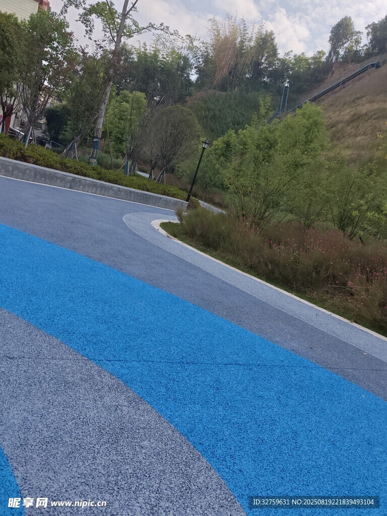 蓝色步道蜿蜒于自然间