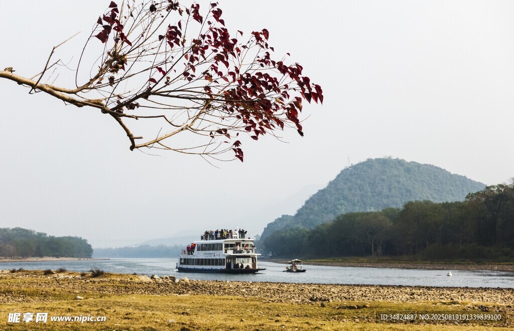 江畔游船伴花枝美景