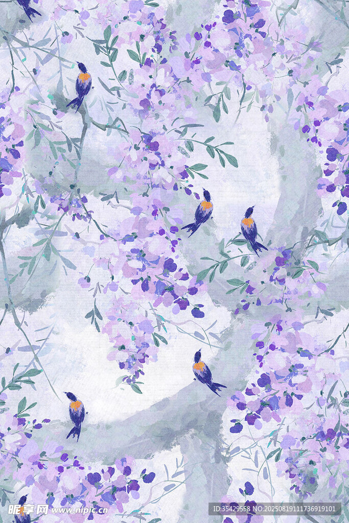 紫花枝头鸟趣图