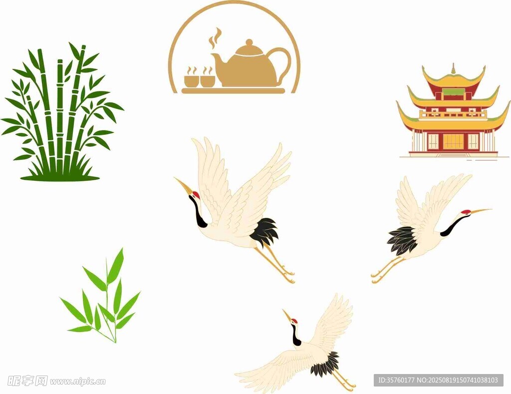 中式元素 仙鹤 竹与古建筑