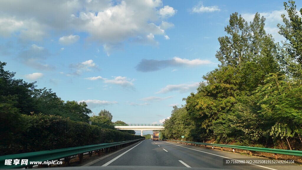 公路旁绿树蓝天风景图