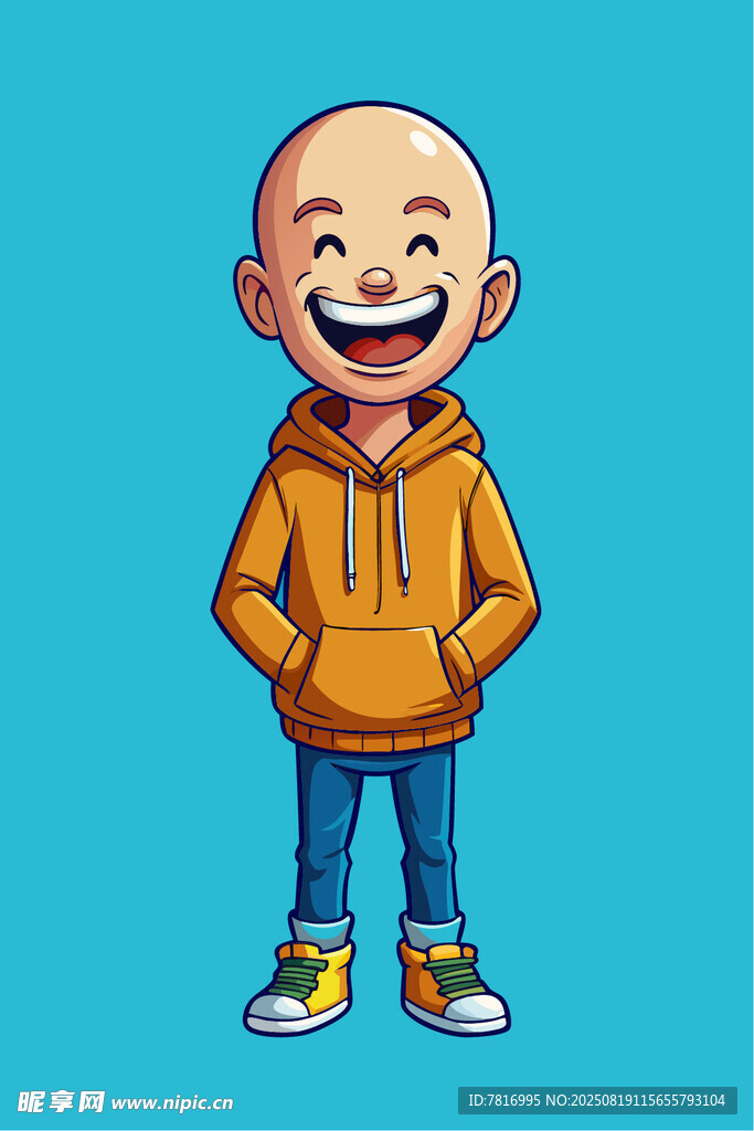 穿橙卫衣的开心光头少年