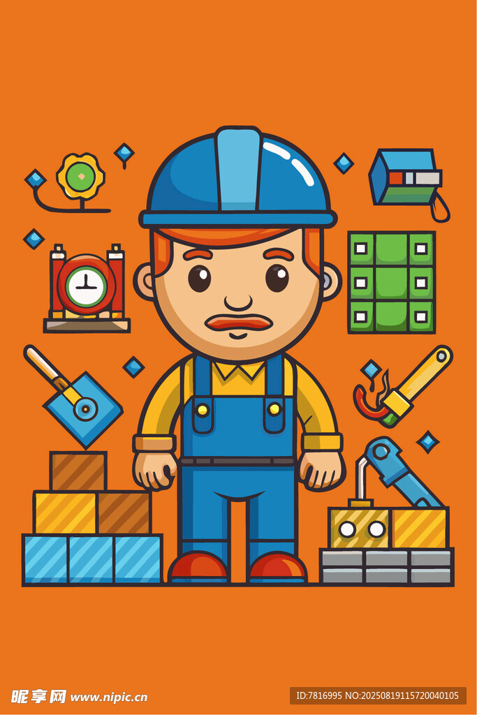 卡通工人与建筑工具场景