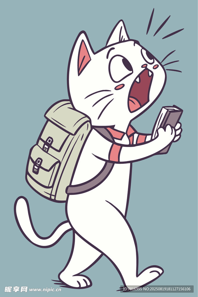 背着包打电话的卡通猫咪