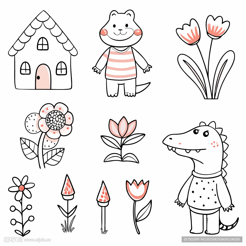 可爱动物与花卉房屋插画