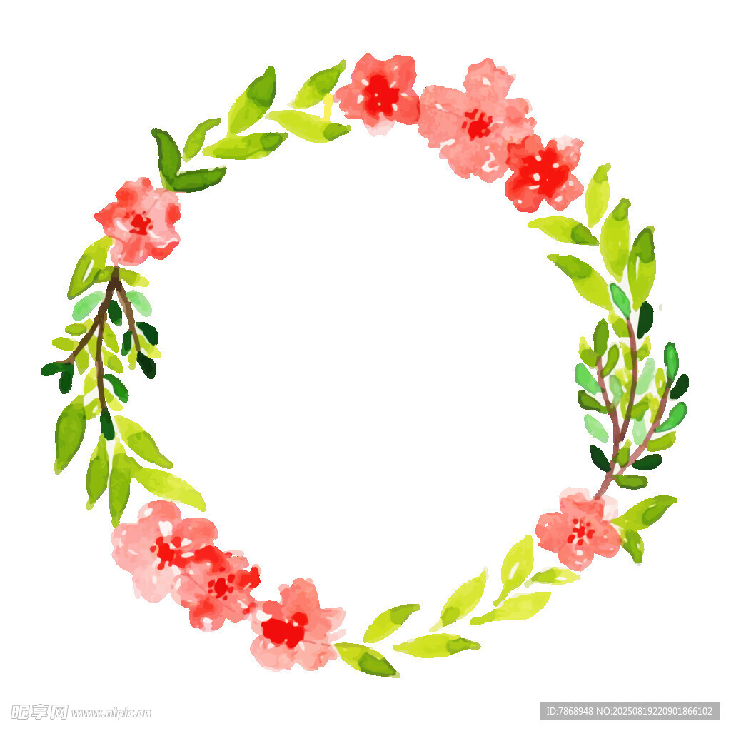 手绘粉色花朵绿叶花环
