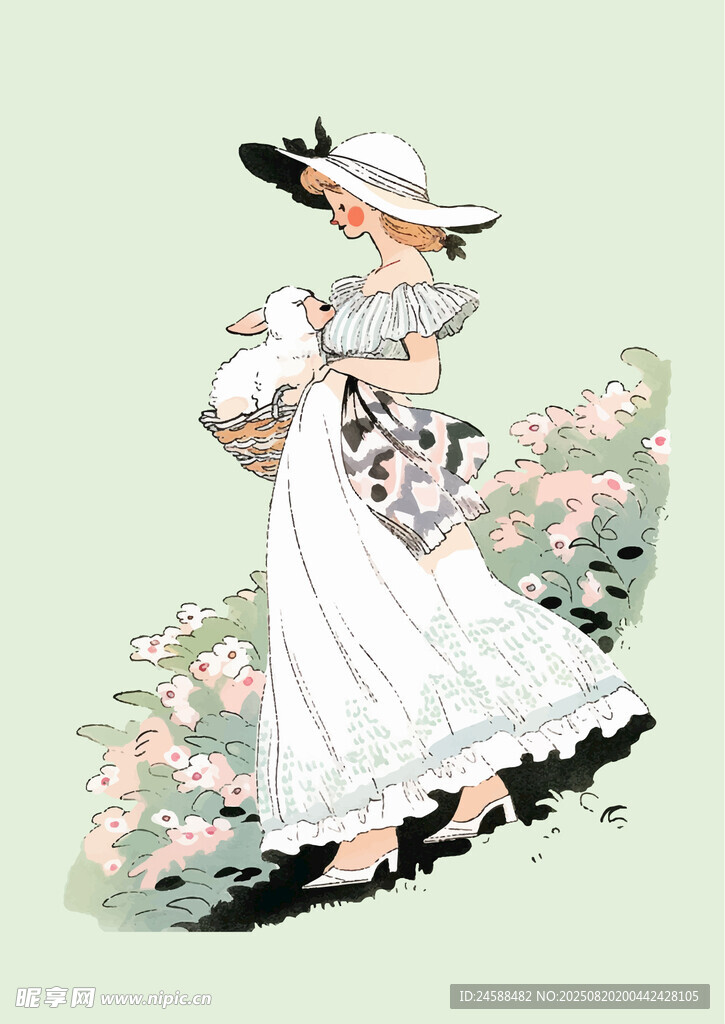 清新小女孩手绘卡通插画动物花草
