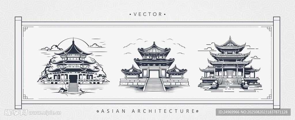 中式古建筑线稿图案设计