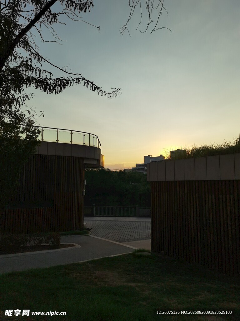黄昏下的户外建筑与树木剪影