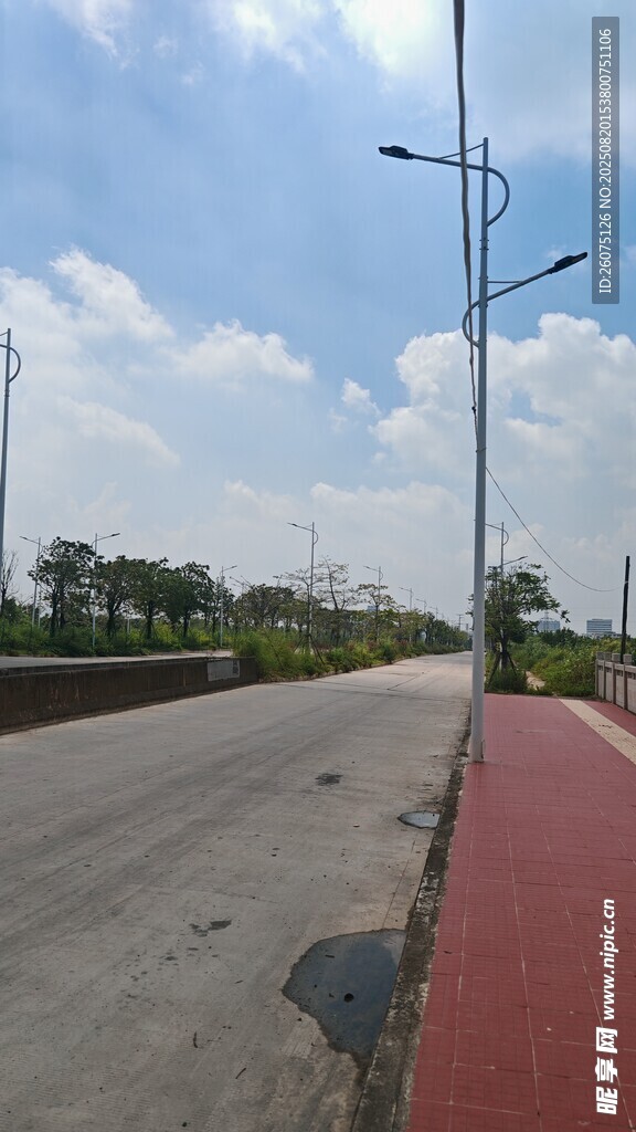 空旷道路旁的蓝天绿树