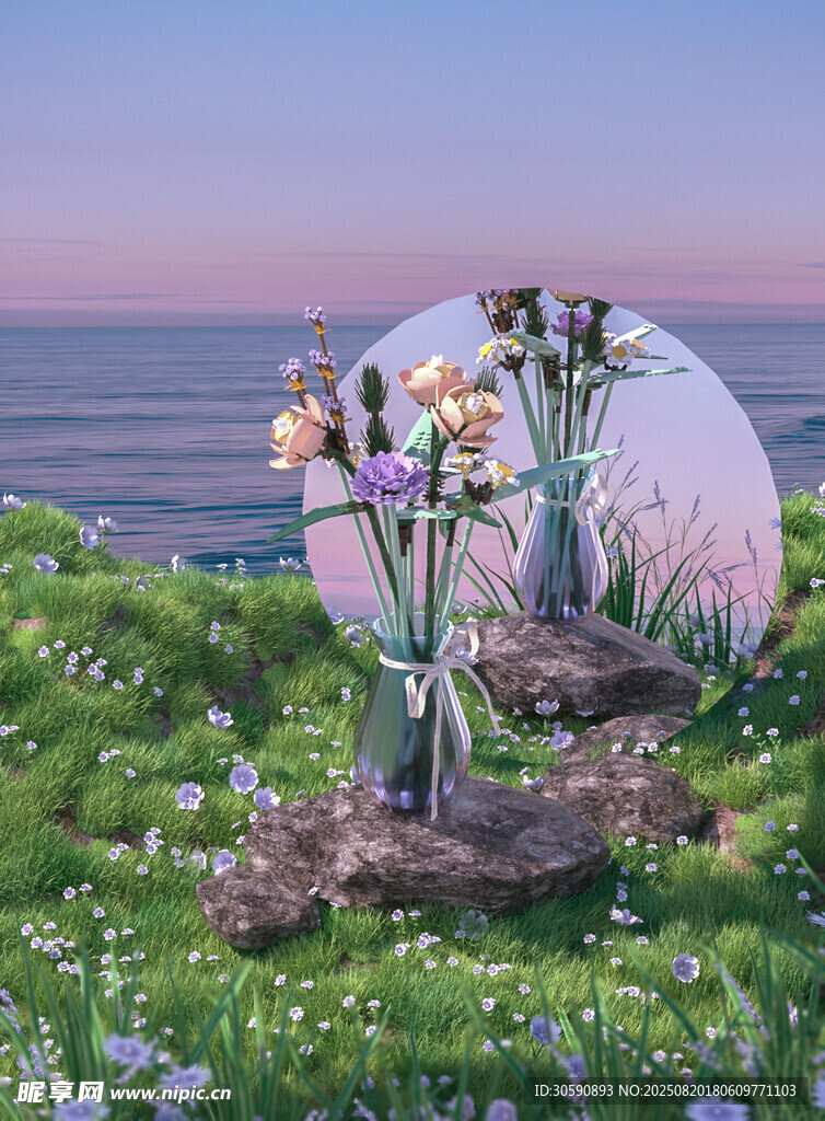 海边草地的梦幻花瓶花卉