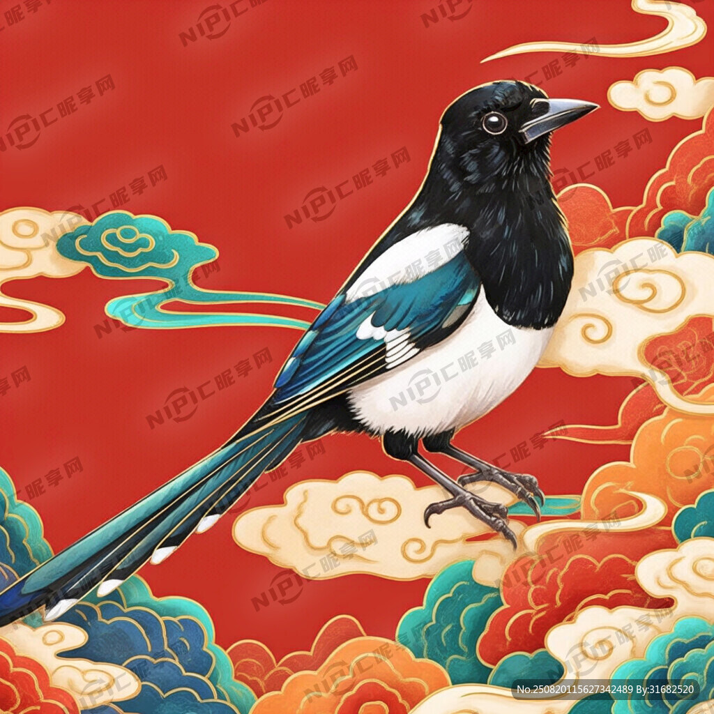 一只喜鹊 完整全身 国潮风格