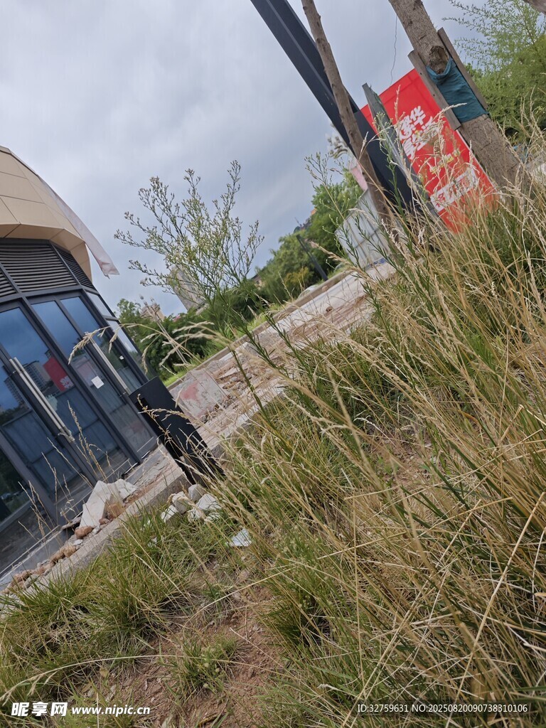 户外草地旁的建筑物一角