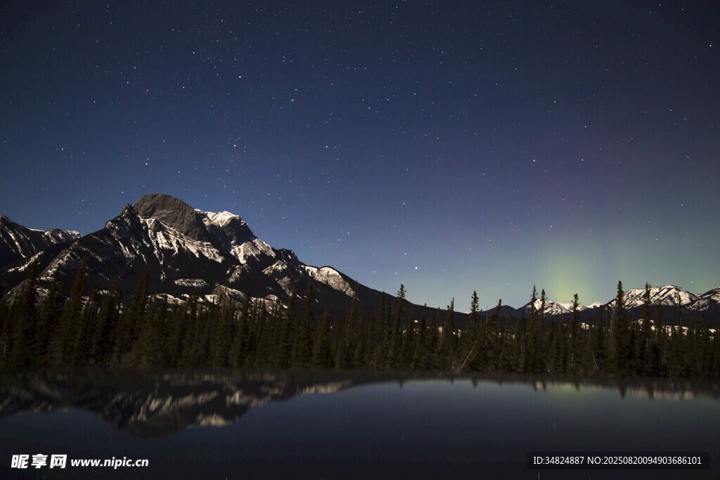 静谧湖畔的壮美雪山夜景