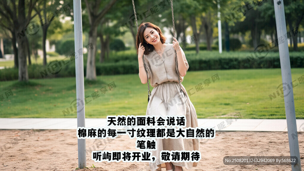 帮我生成一位美女穿着棉麻漂亮的
