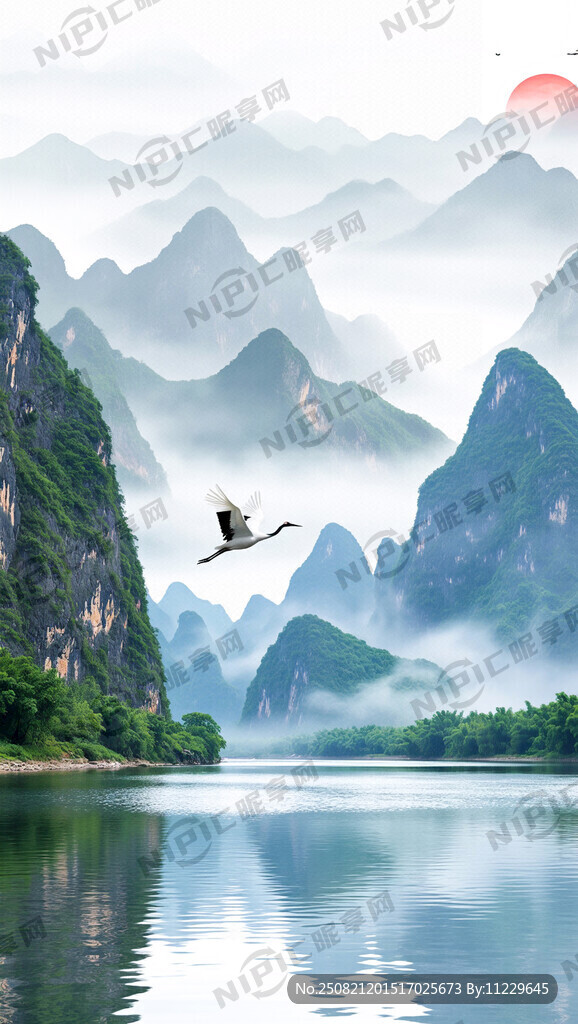 桂林山水在搞点鹤在空中飞