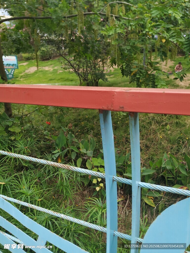 阳台栏杆外的绿意风景
