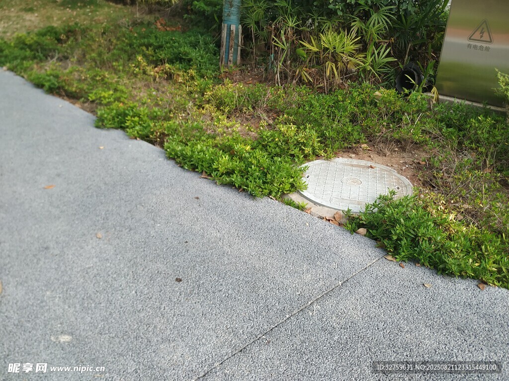 路边草地中的圆形井盖