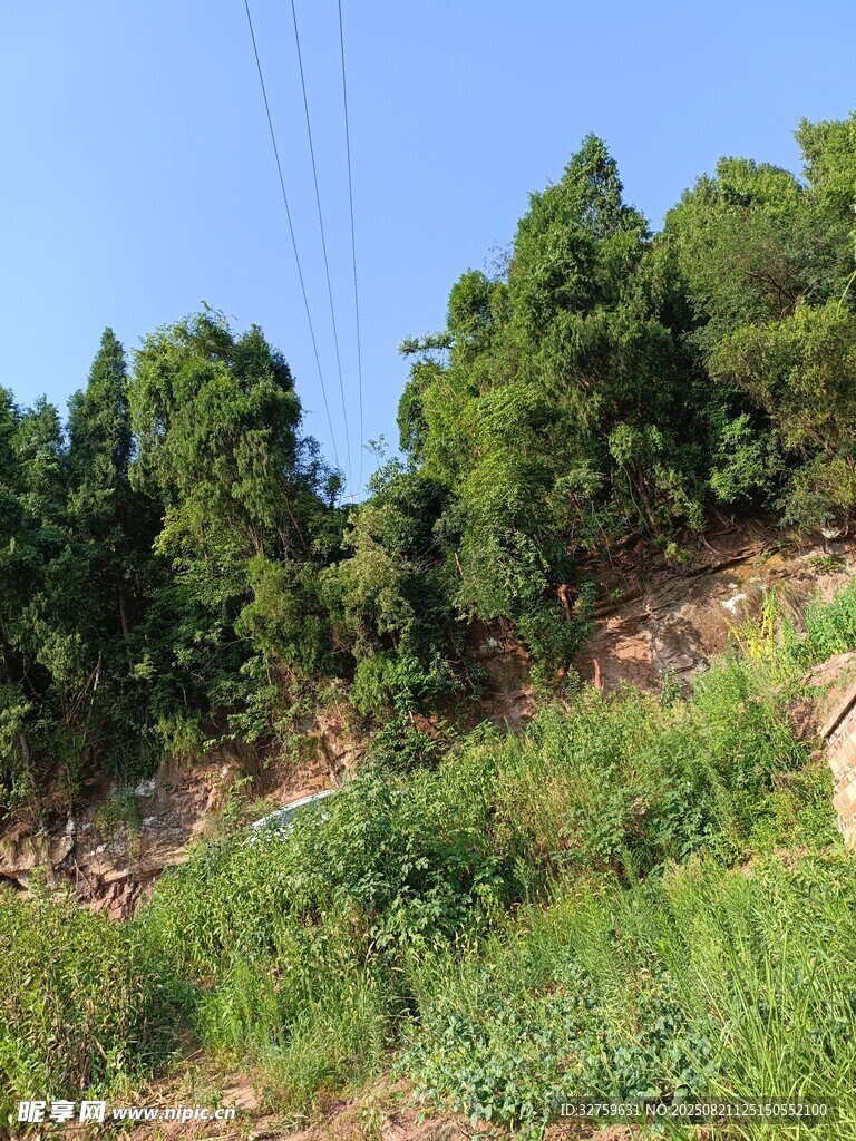 山坡绿树蓝天自然美景